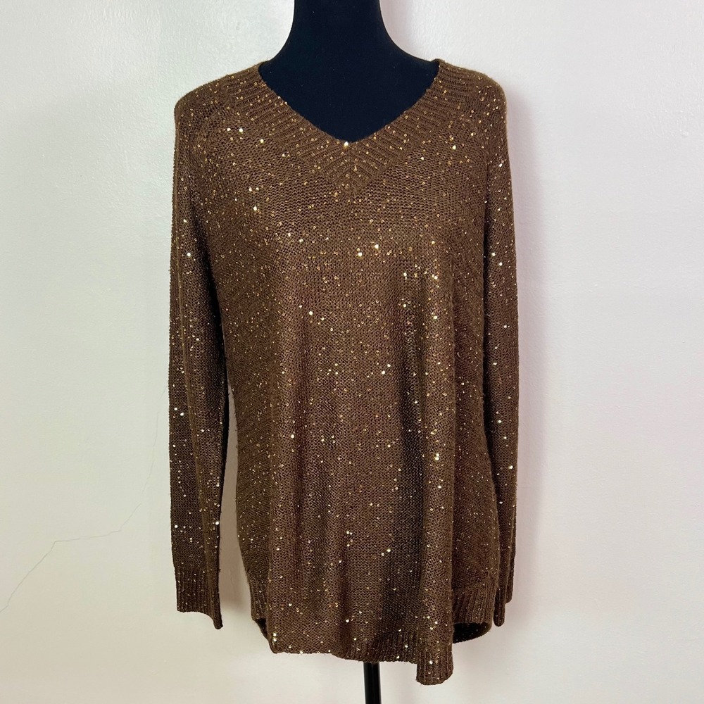 Soft Surroundings Sequin V-Neck Sweater Large Brown Gold Sparkle Festive Boho
